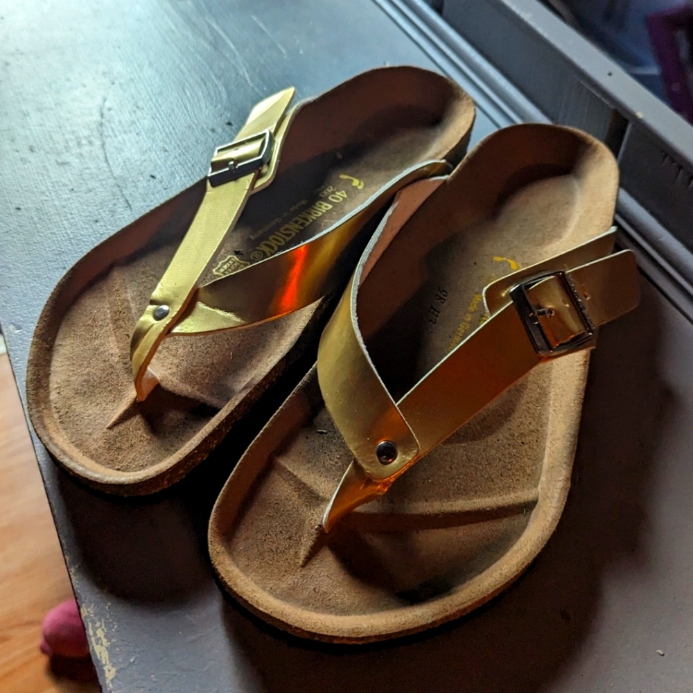 Birkenstock gold flip flops